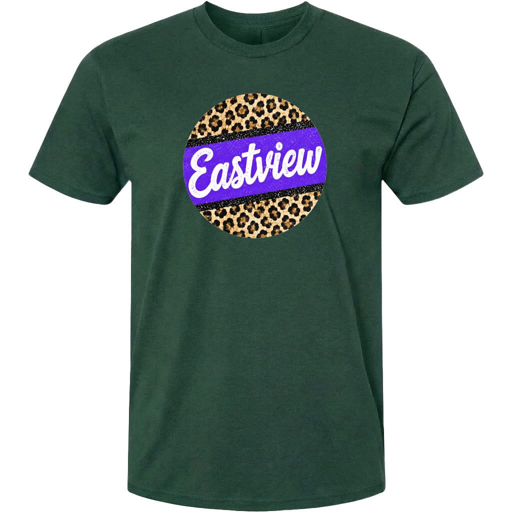 A green t-shirt with a circular graphic design featuring a leopard print pattern and the word "Eastview" written in white cursive text.