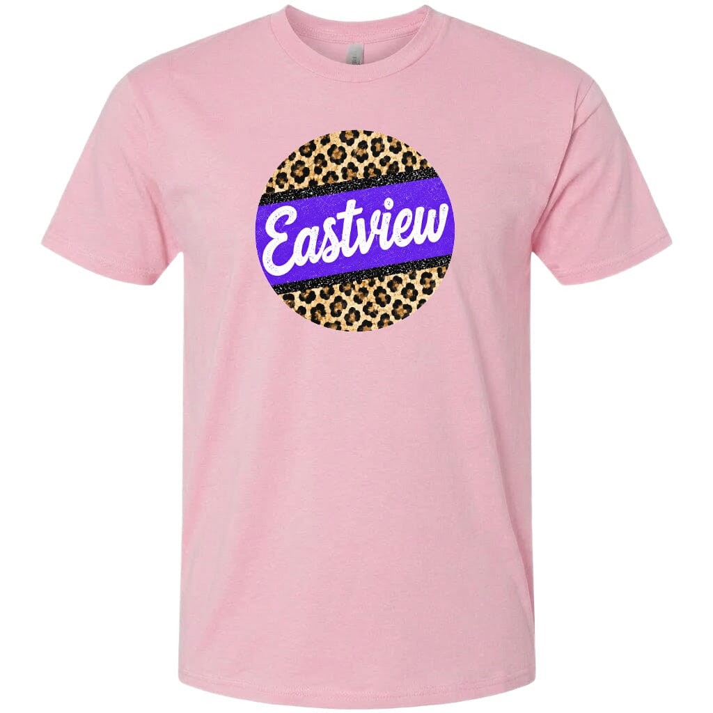 A pink t-shirt with a circular graphic design featuring a leopard print pattern and the word "Eastview" written in purple text.