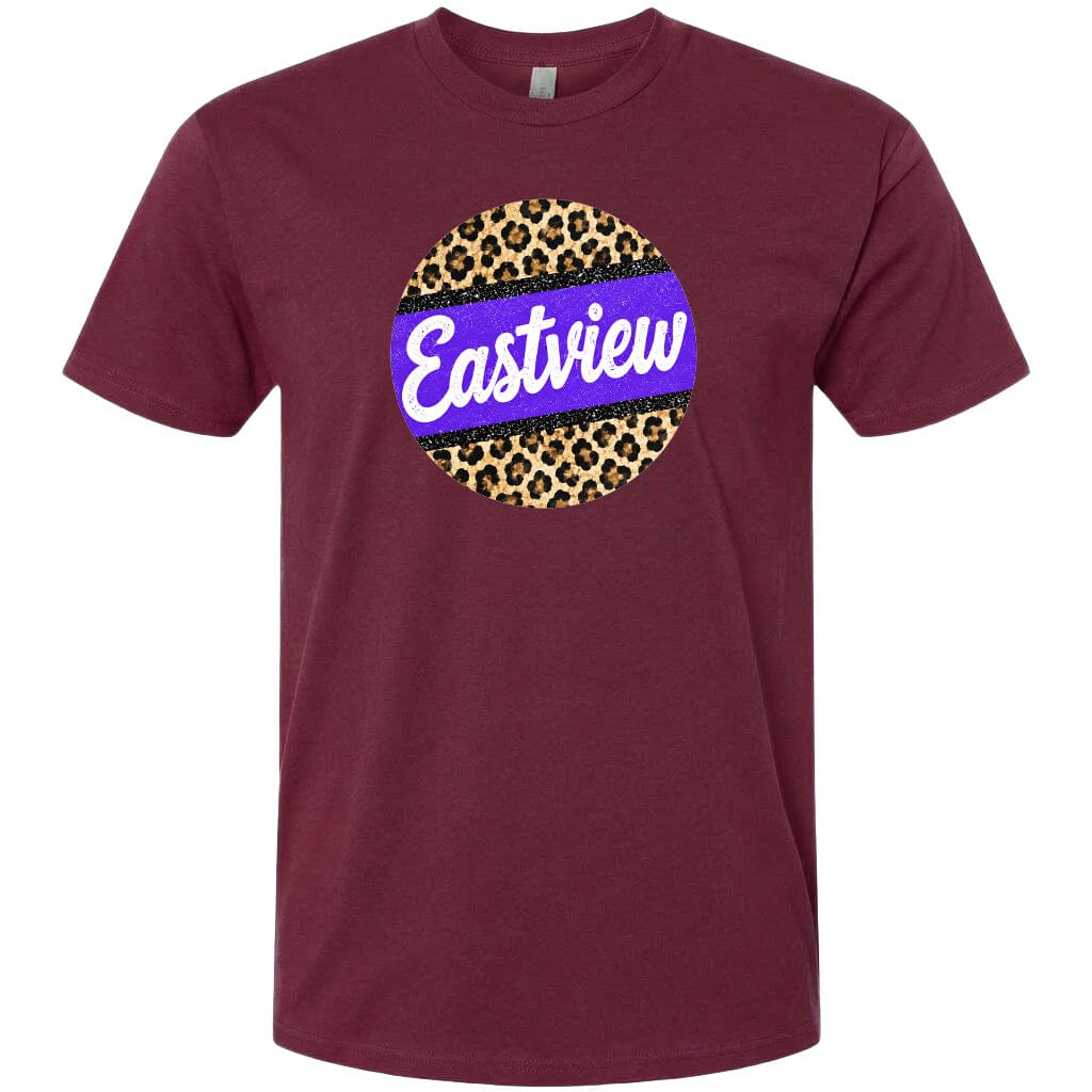 A burgundy-colored t-shirt with a circular graphic design featuring a leopard print pattern and the word "Eastview" written in white cursive text.
