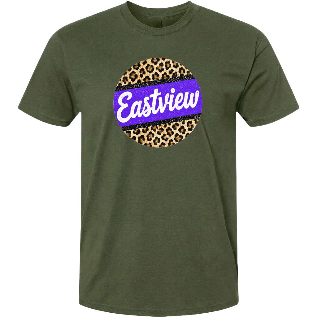 A green t-shirt with a circular graphic design featuring a leopard print pattern and the word "Eastview" written in white cursive text.