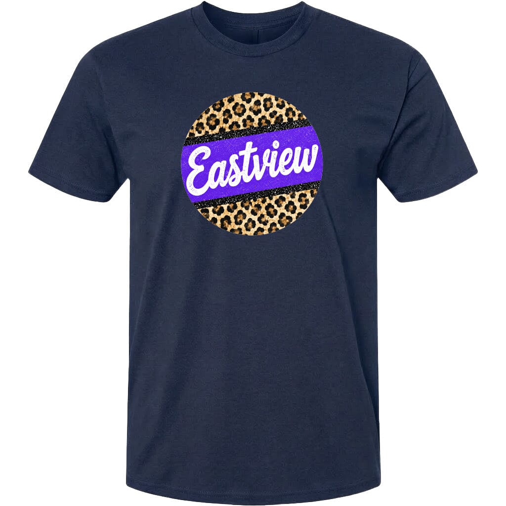 A navy blue t-shirt with a circular graphic design featuring a leopard print pattern and the word "Eastview" written in white cursive text.