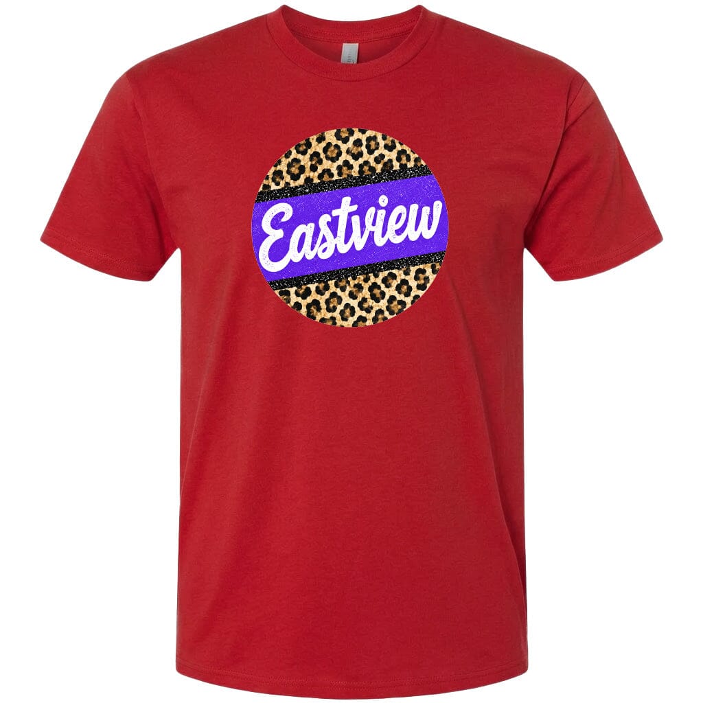 A red t-shirt with a circular design featuring a leopard print pattern and the word "Eastview" written in white cursive text.