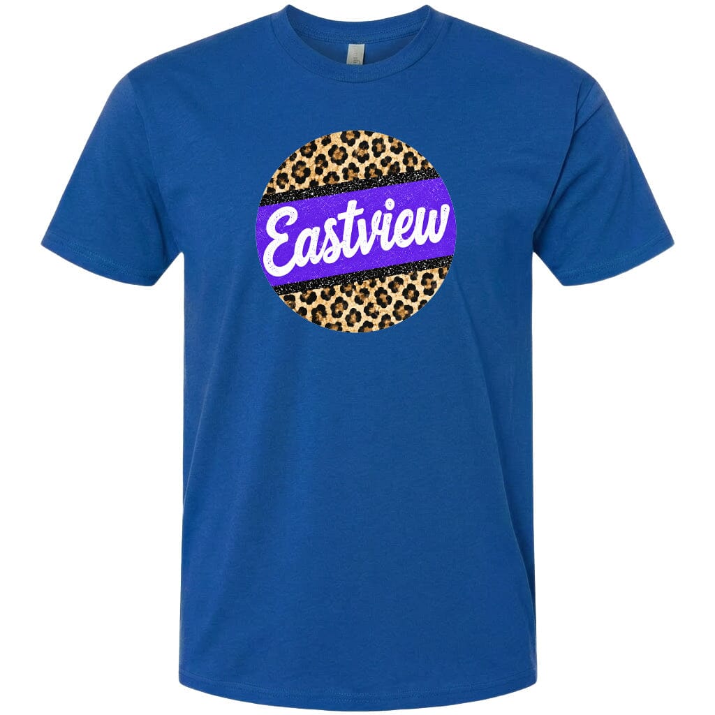 A blue t-shirt with a circular graphic design featuring a leopard print pattern and the word "Eastview" written in white cursive font.