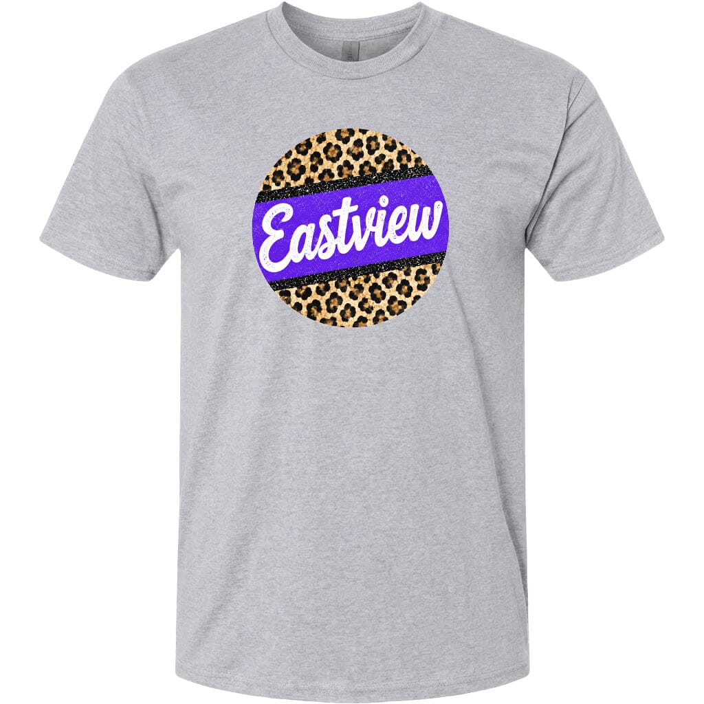 A gray t-shirt with a circular graphic design featuring a leopard print pattern and the word "Eastview" written in white cursive text.
