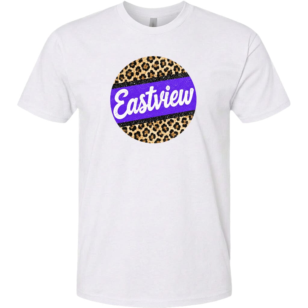 A white t-shirt with a circular graphic design featuring a leopard print pattern and the word "Eastview" written in purple text.