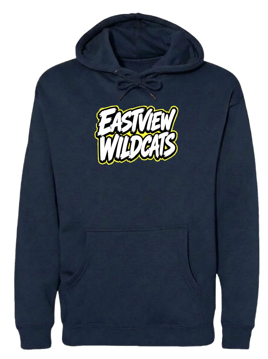A navy blue hoodie with a yellow and white logo that says "Eastview Wildcats".