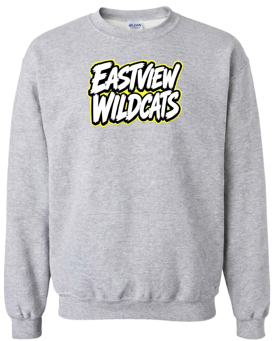 A gray sweatshirt with a large yellow and white text logo on the front.
