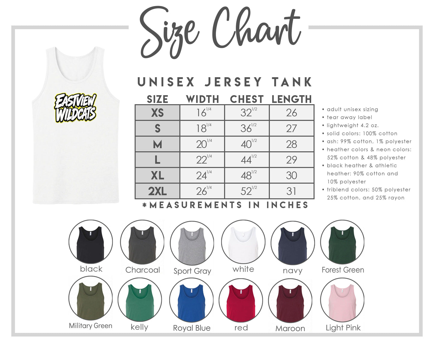The image is a size chart for a unisex jersey tank, providing measurements and corresponding tank sizes for different chest lengths.