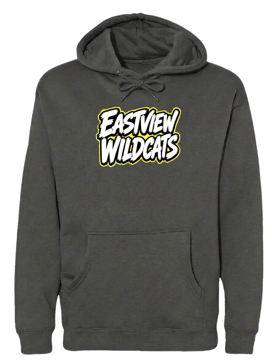 A gray hoodie with a yellow and white logo that says "Eastview Wildcats".