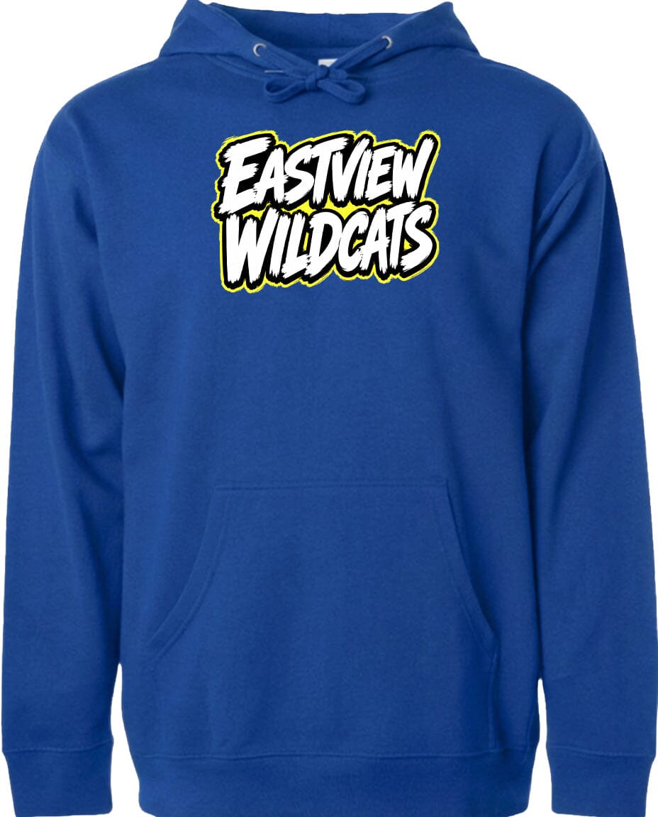 A blue hoodie with the text "Eastview Wildcats" printed on it.