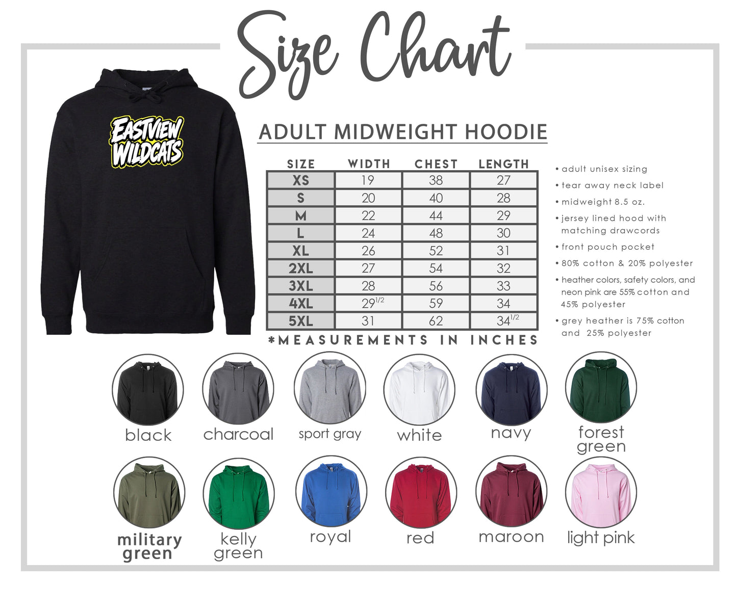The image is a size chart for an adult midweight hoodie, including various color options and corresponding measurements in inches.
