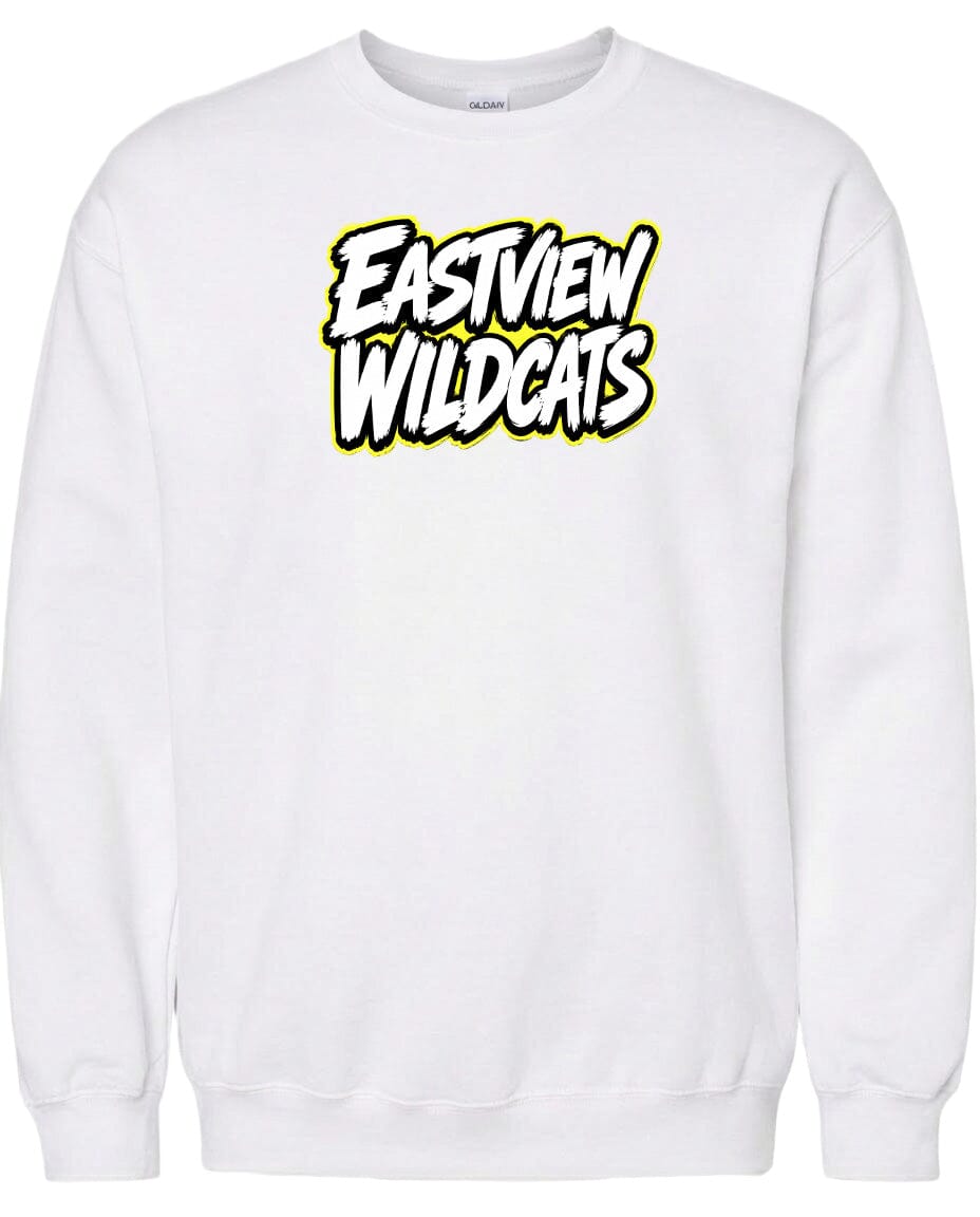 A white sweatshirt with the text "EASTVIEW WILDCATS" printed on it in a stylized font.
