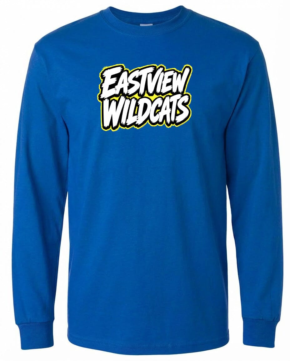A blue long-sleeved t-shirt with the text "EASTVIEW WILDCATS" printed on it.