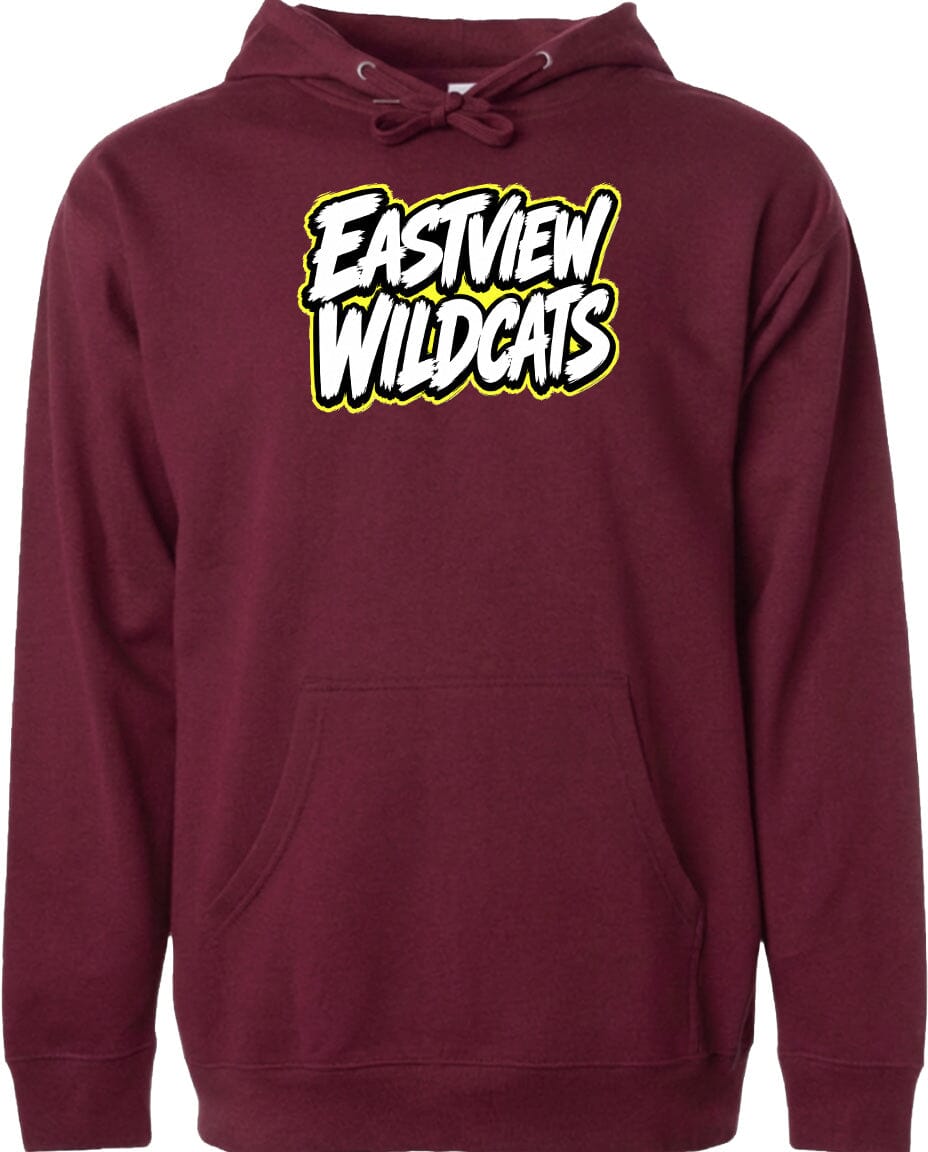 A burgundy-colored hoodie with the text "Eastview Wildcats" printed on it.