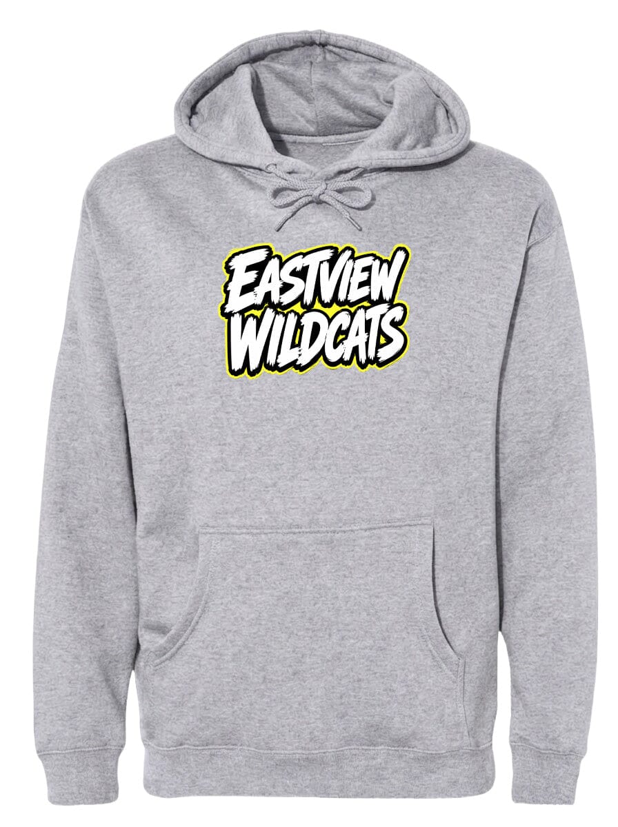 A gray hoodie with a logo on the front.