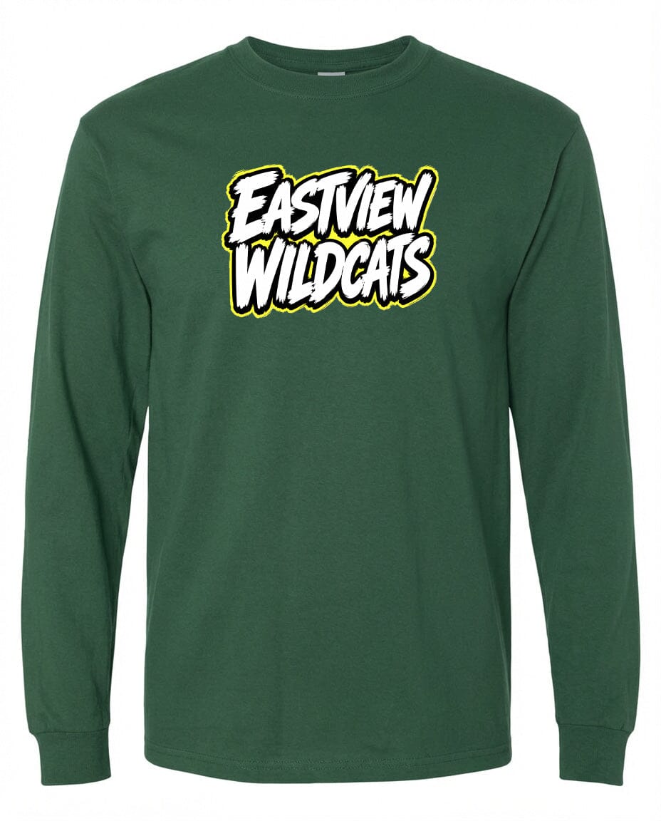 A green long-sleeved shirt with a bold white and yellow logo that says "Eastview Wildcats".