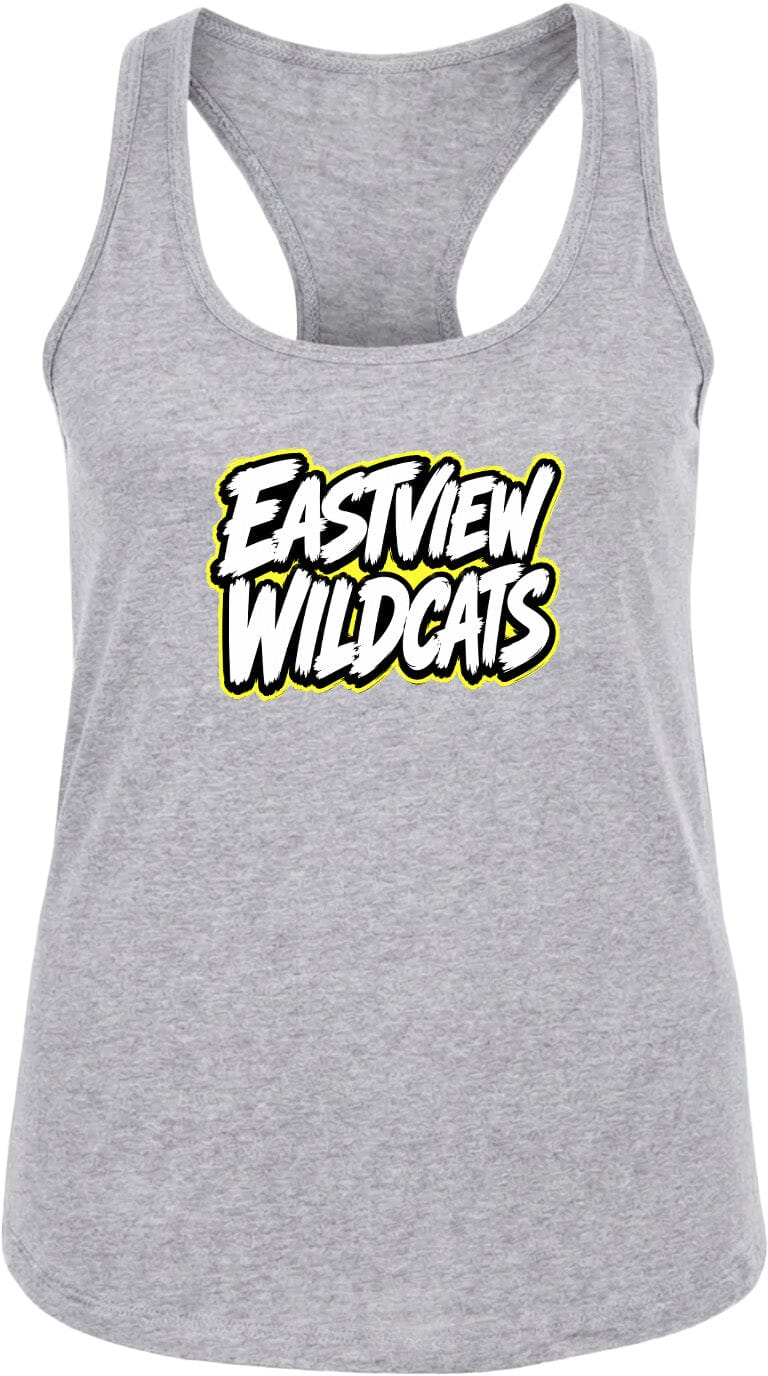 A gray tank top with the text "EASTVIEW WILDCATS" printed on it in white and yellow lettering.