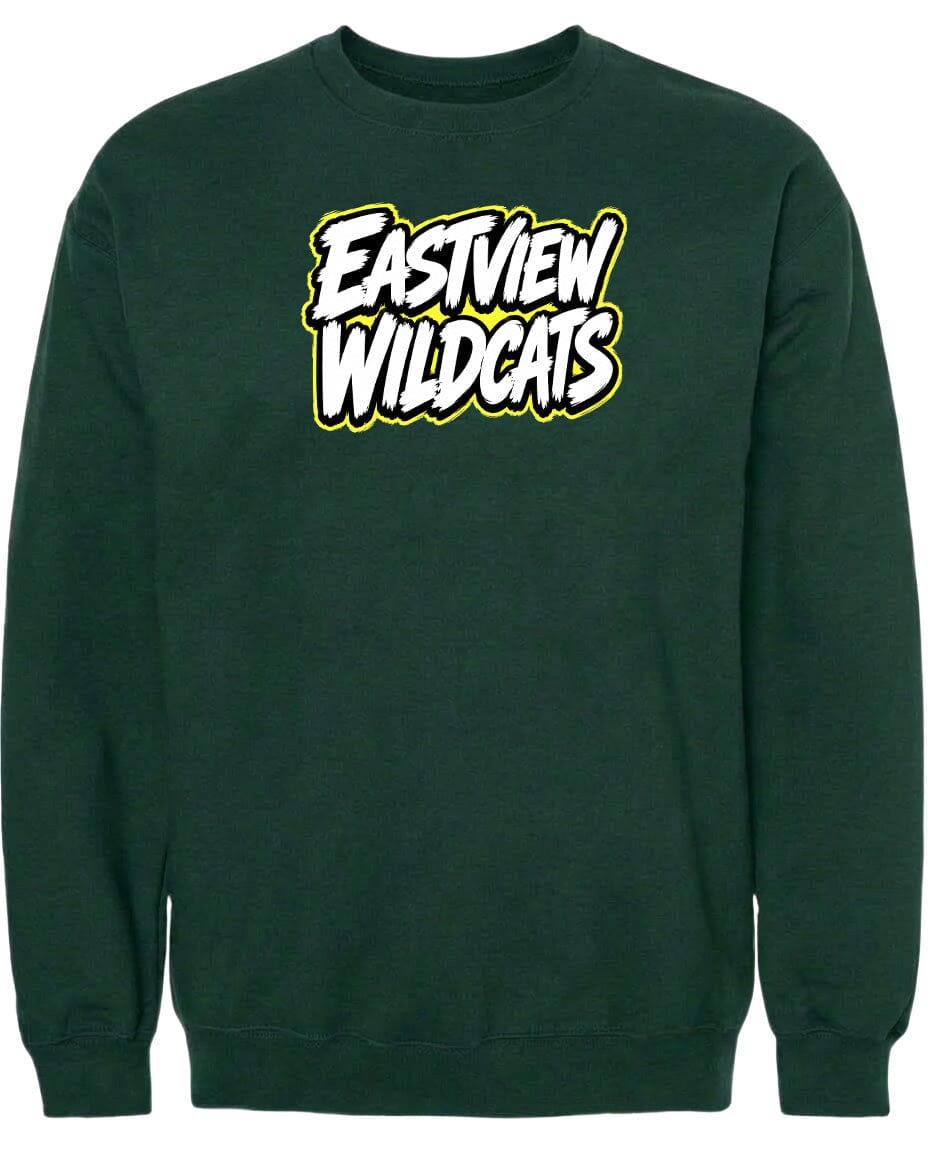 A dark green sweatshirt with a large white text logo on the front.