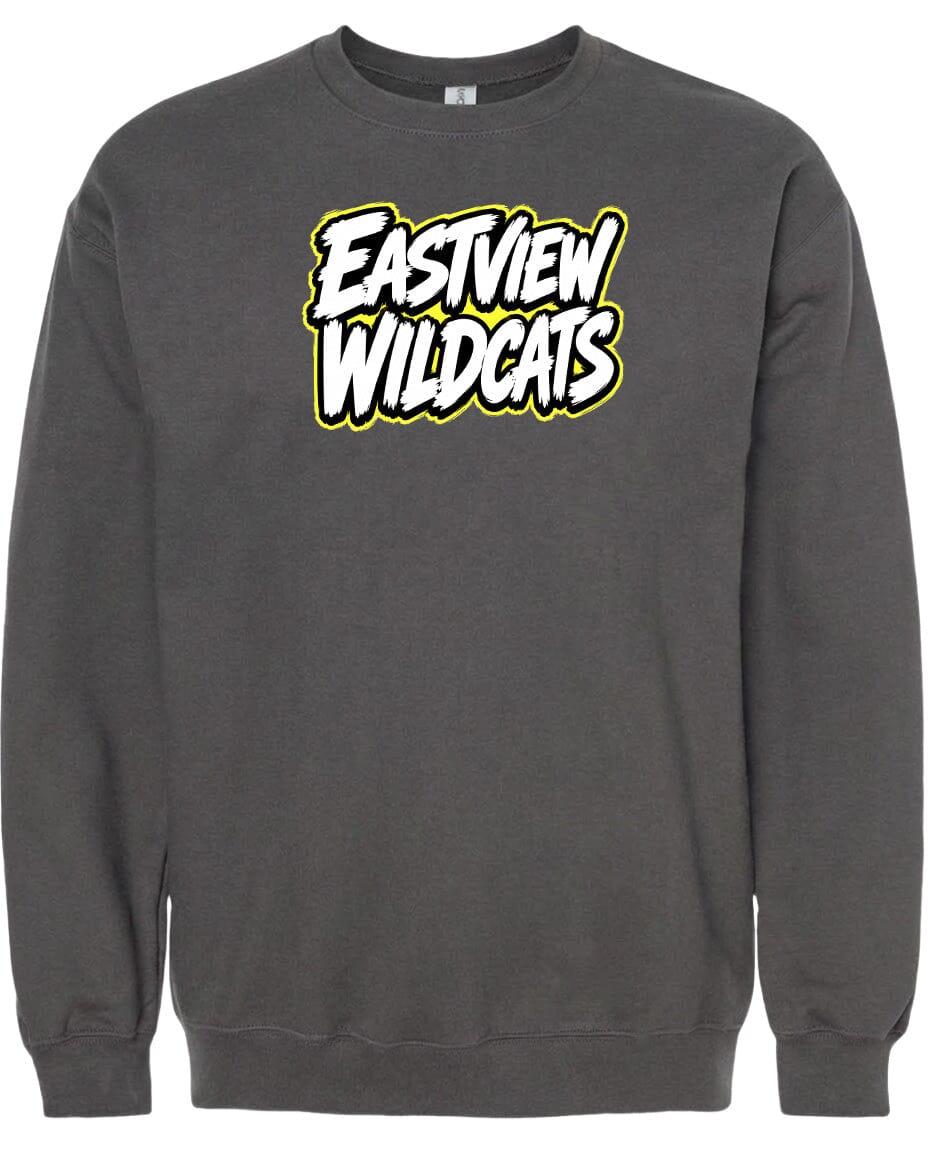 A gray sweatshirt with a large yellow and white logo that says "Eastview Wildcats".