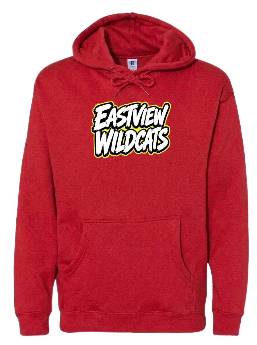 A red hoodie with the text "EASTVIEW WILDCATS" printed on it.