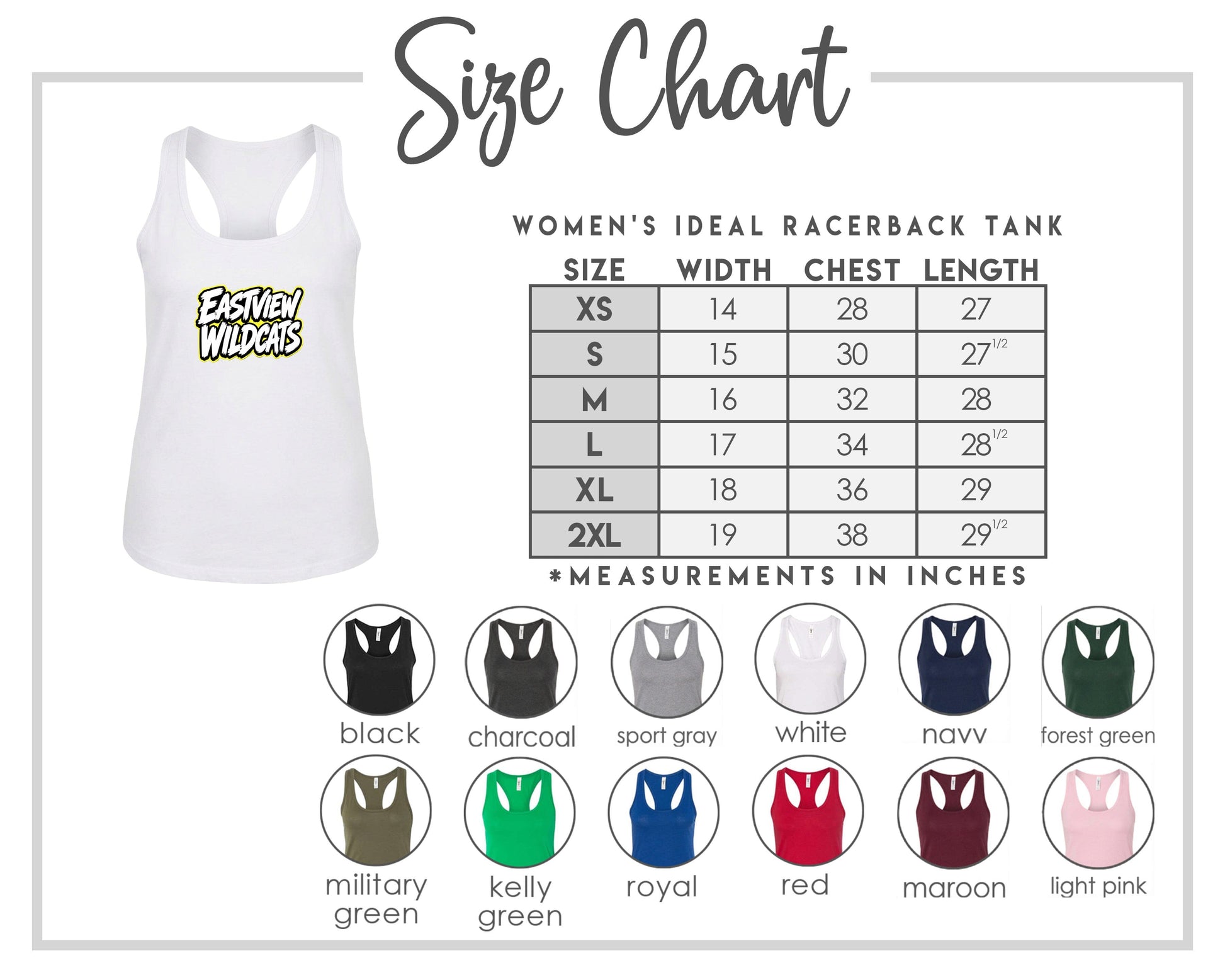 The image is a size chart for a women's ideal racerback tank, including various color options and corresponding chest length measurements.