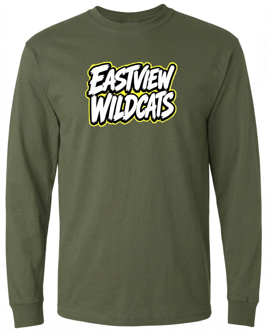 A long-sleeved olive green t-shirt with a bold, stylized text logo printed on it.