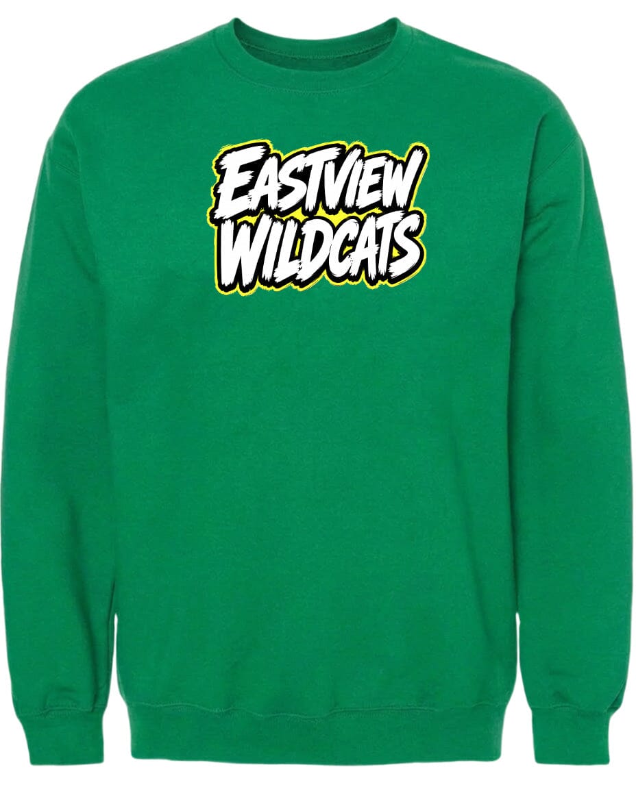 A bright green sweatshirt with the text "EASTVIEW WILDCATS" printed on it.