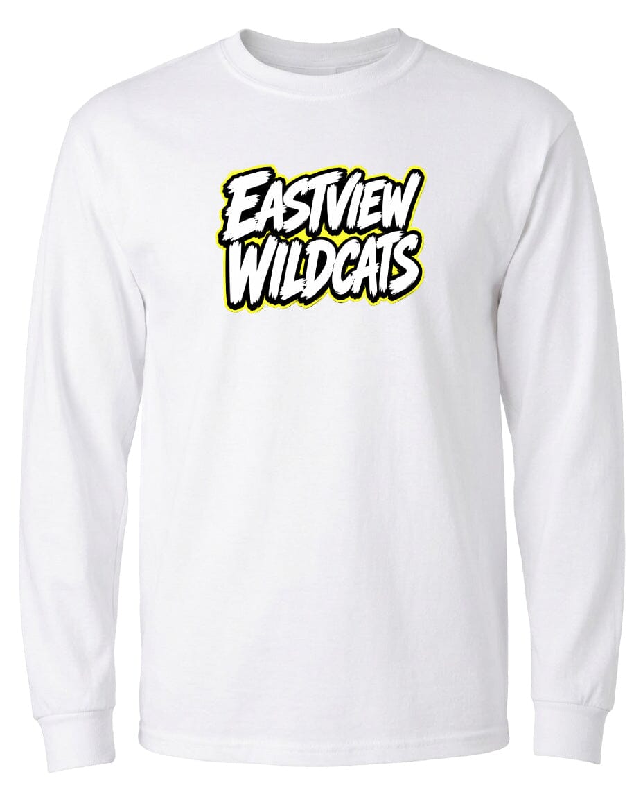 A white long-sleeved t-shirt with a bold, stylized text logo printed on it.
