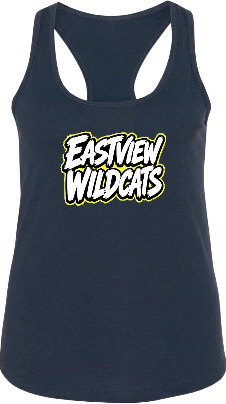 A navy blue tank top with the text "EASTVIEW WILDCATS" printed on it in white and yellow lettering.