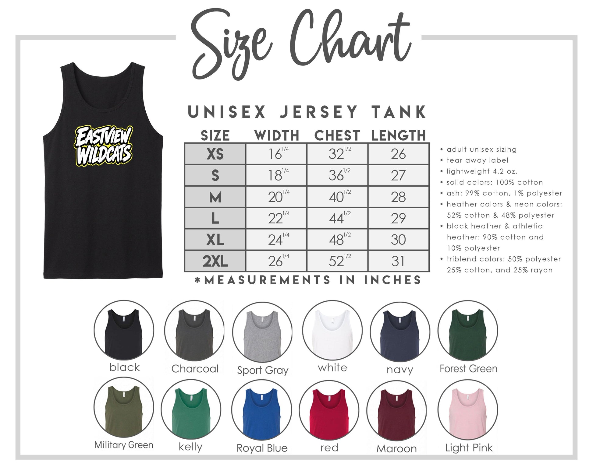 The image is a size chart for a unisex jersey tank, providing measurements and corresponding tank sizes for different chest lengths.