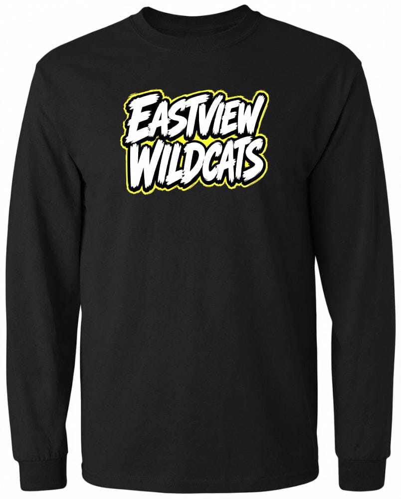 A black long-sleeved shirt with the text "EASTVIEW WILDGATS" printed on it in white and yellow lettering.