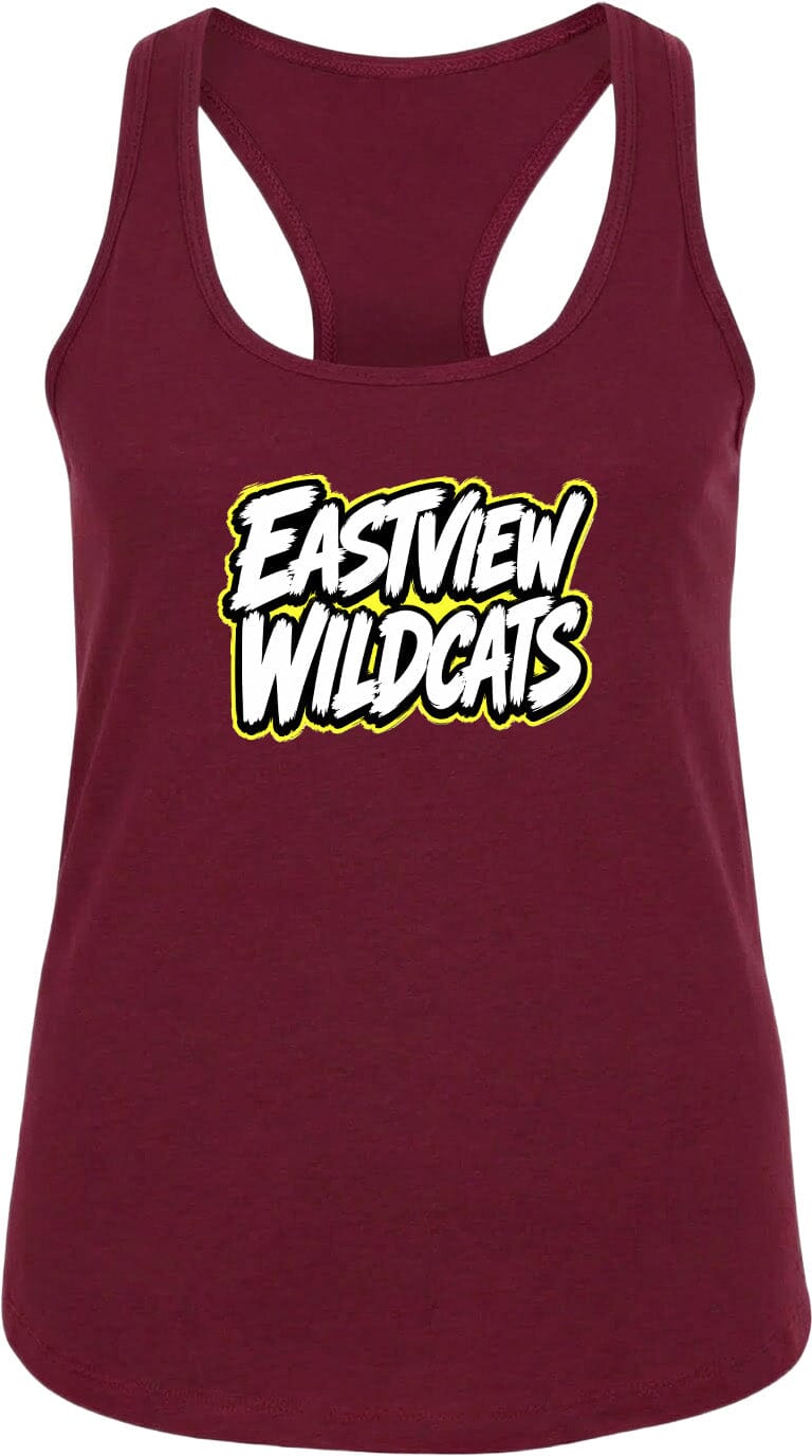 A burgundy-colored tank top with the text "EASTVIEW WILDCATS" printed on it in white and yellow lettering.