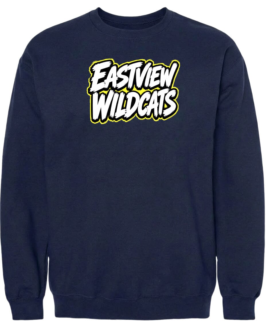 A navy blue sweatshirt with the text "EASTVIEW WILDCATS" printed on it in white and yellow lettering.
