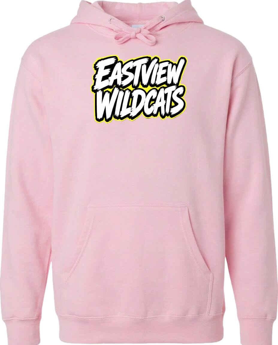 A pink hoodie with the text "Eastview Wildcats" printed on it.