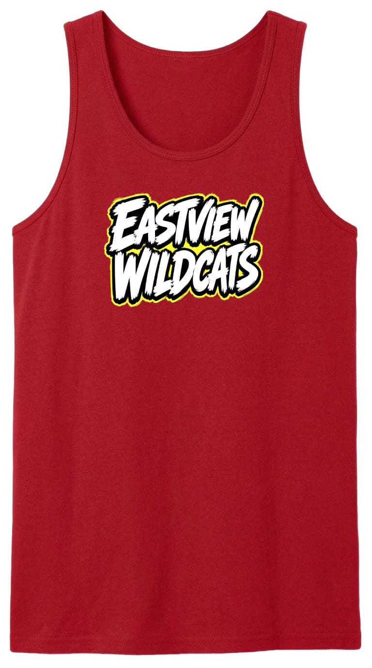 A red tank top with the text "EASTVIEW WILDCATS" printed on it.