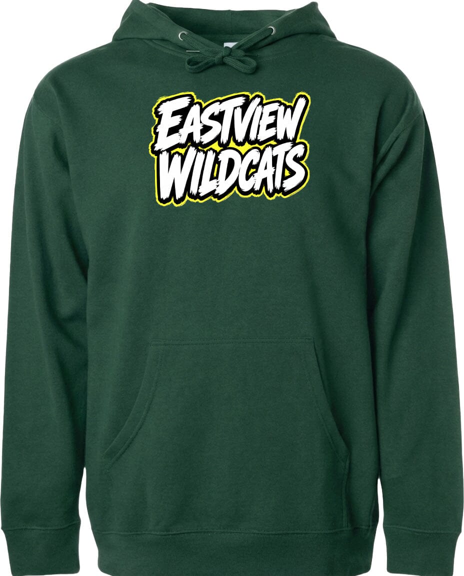 A dark green hoodie with a logo on the front.