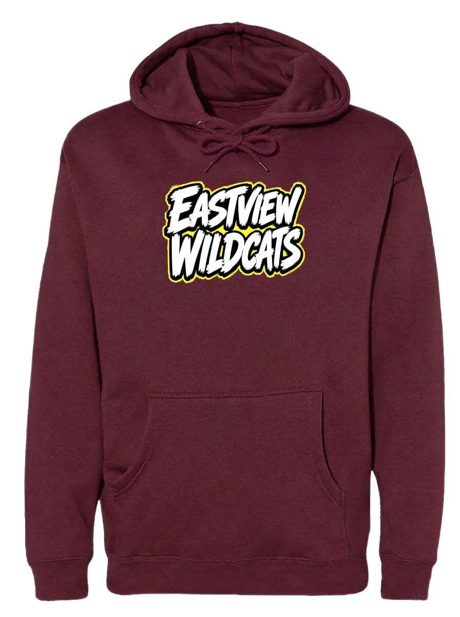 A burgundy-colored hoodie with a white and yellow logo that says "Eastview Wildcats".