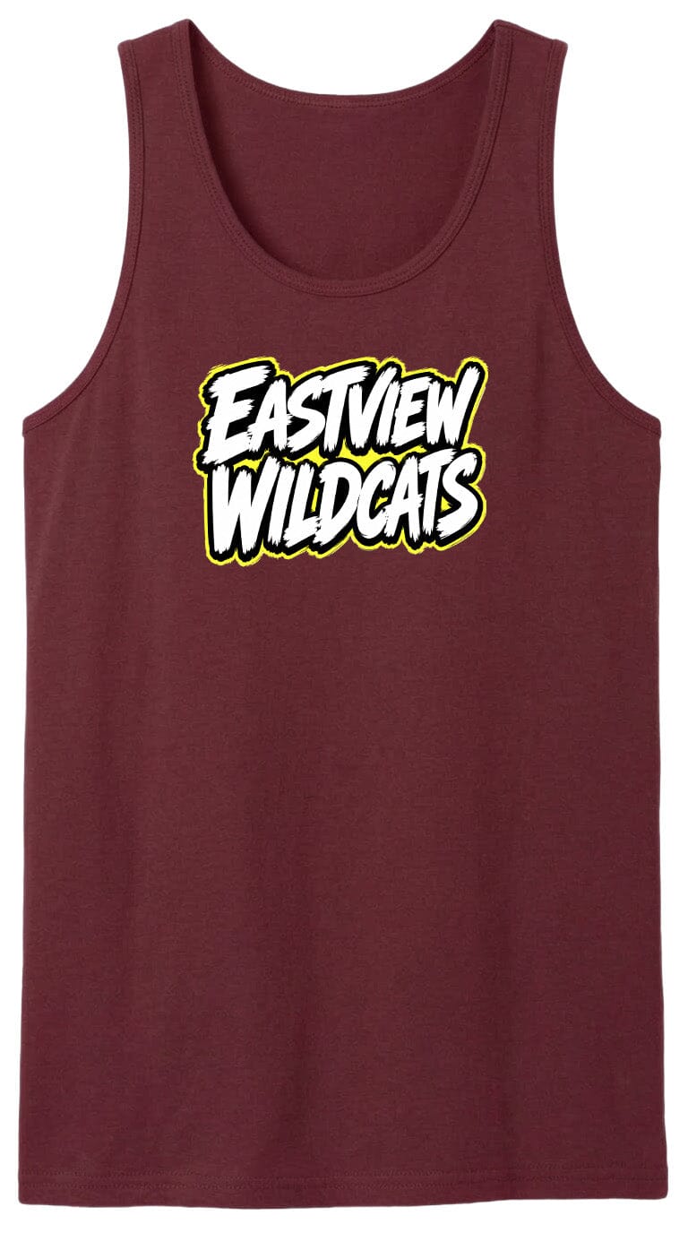 A burgundy tank top with the text "EASTVIEW WILDCATS" printed on it in a stylized font.