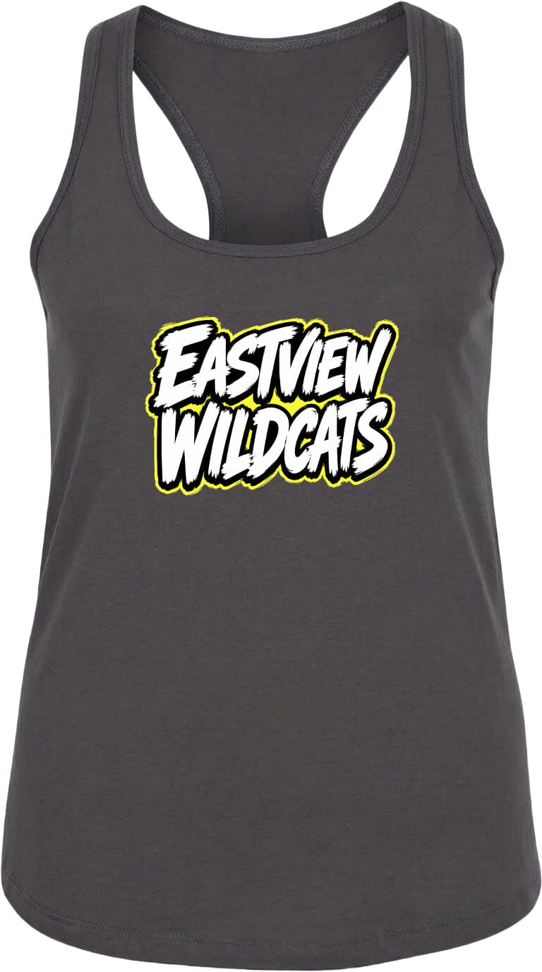 A gray tank top with the text "EASTVIEW WILDCATS" printed on it in white and yellow lettering.