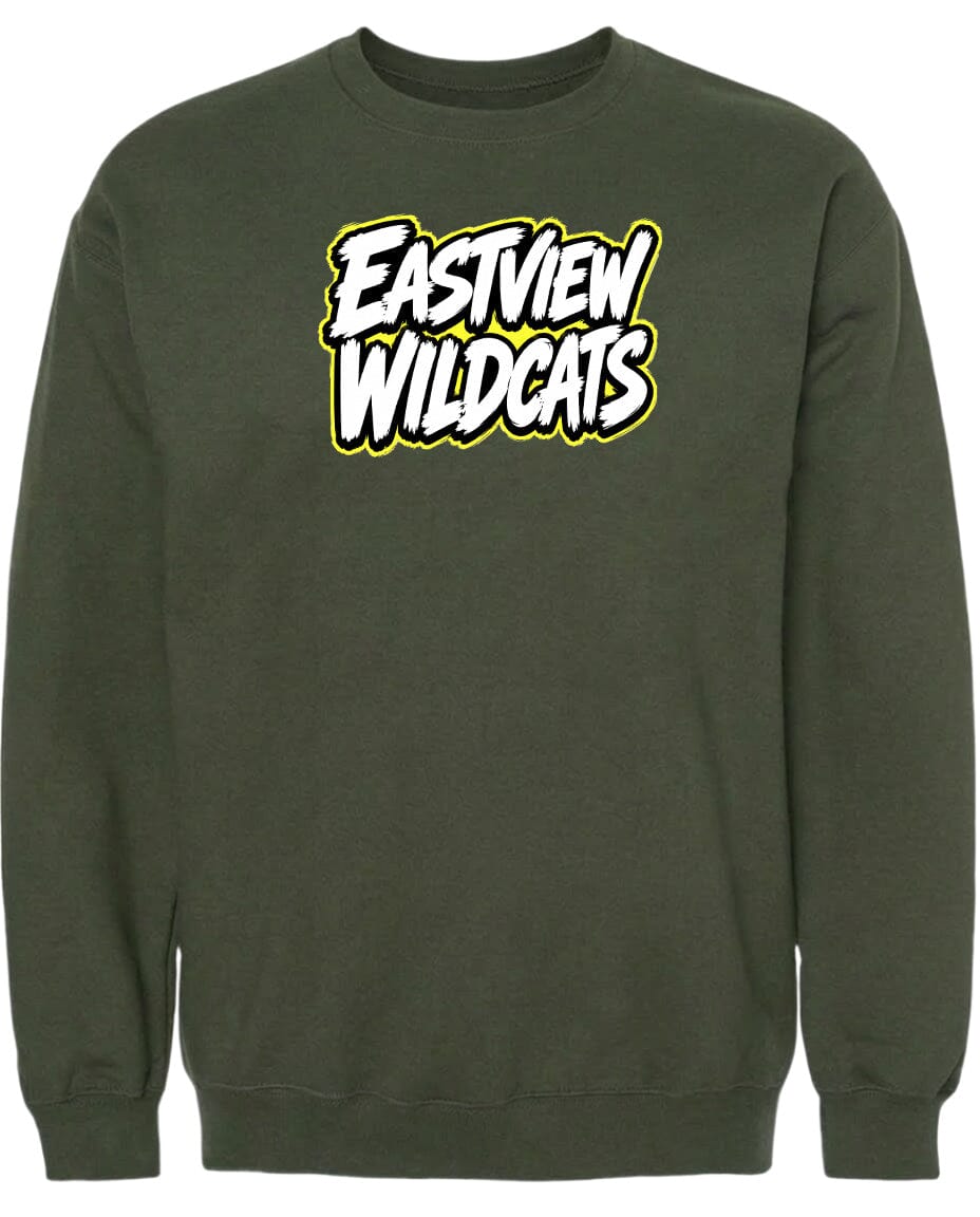 A dark green sweatshirt with a bold white and yellow logo that says "Eastview Wildcats".
