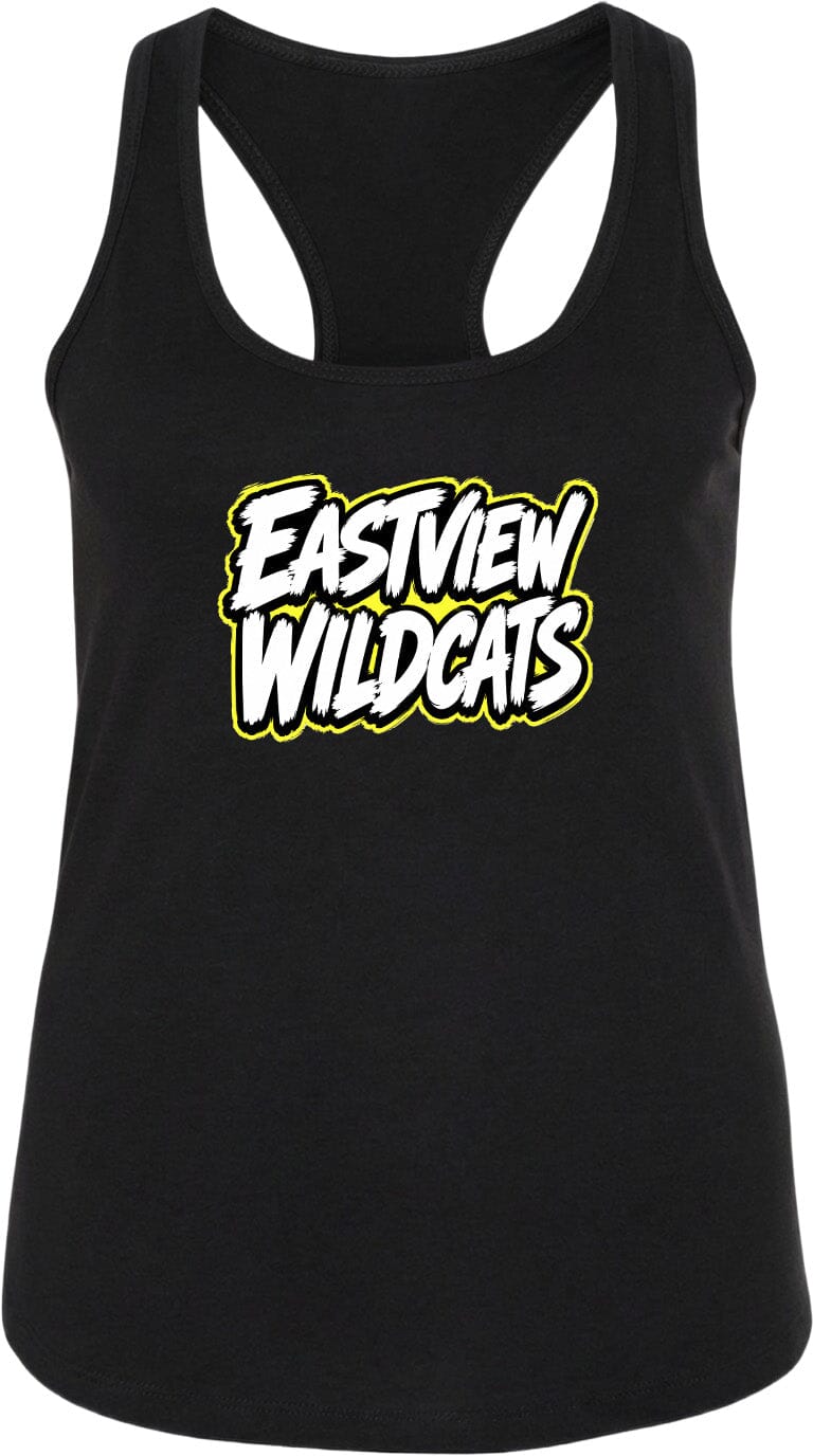 A black tank top with the text "EASTVIEW WILDCATS" printed on it in white and yellow lettering.