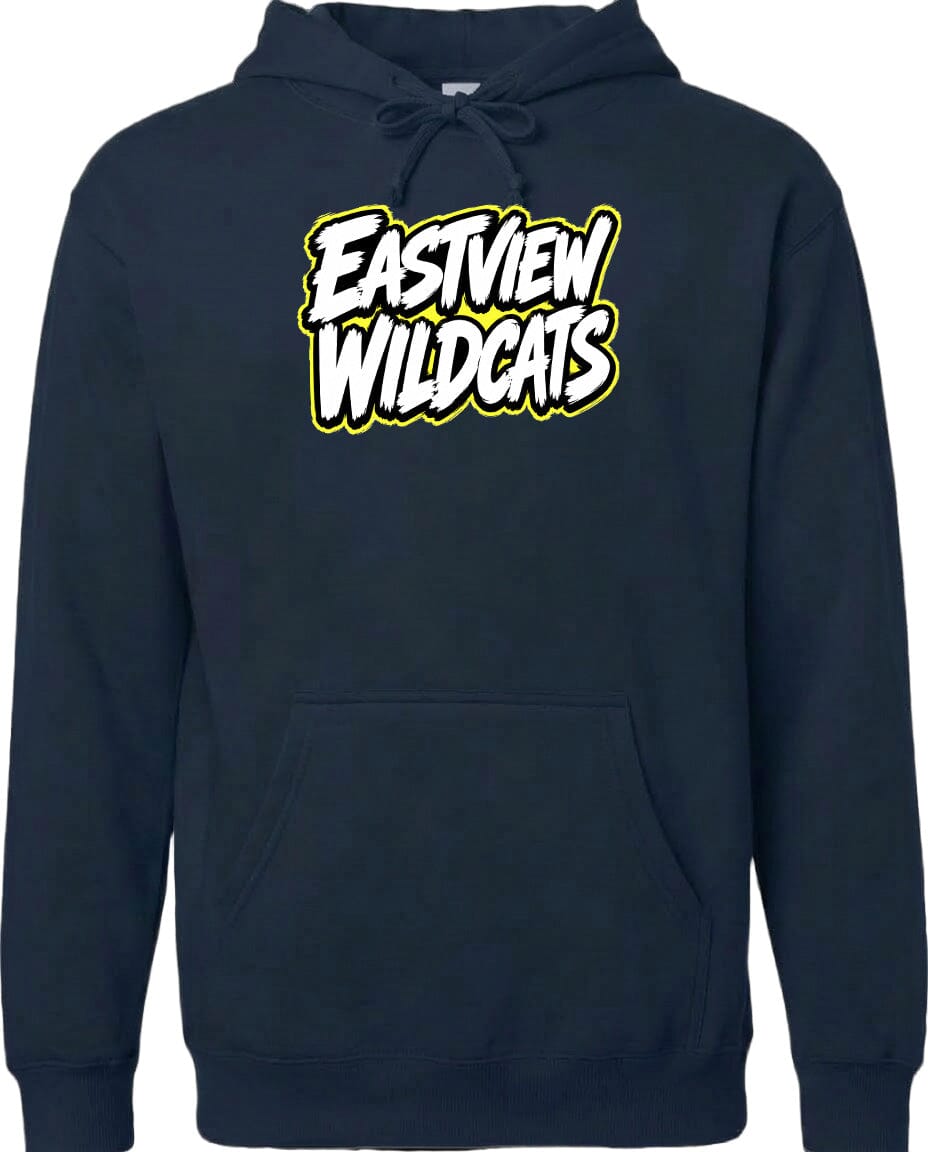 A navy blue hoodie with the text "EASTVIEW WILDCATS" printed on it in white and yellow lettering.