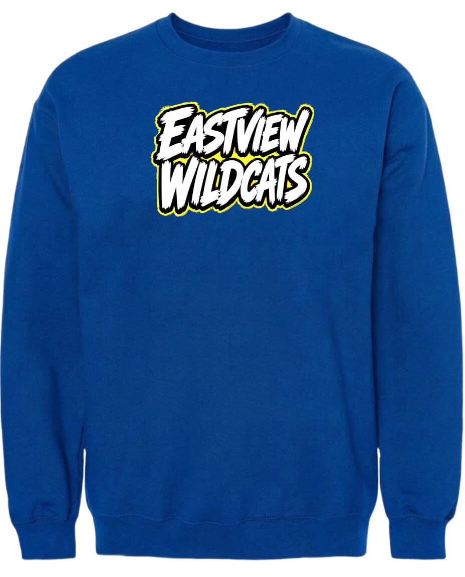 A blue sweatshirt with the text "EASTVIEW WILDCATS" printed on it.