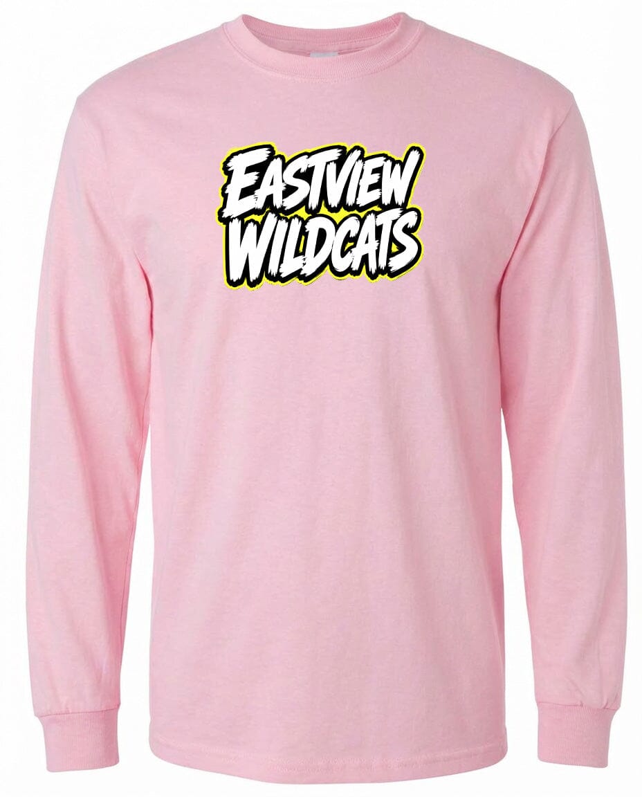 A pink long-sleeved shirt with the text "EASTVIEW WILDCATS" printed on it in a stylized font.