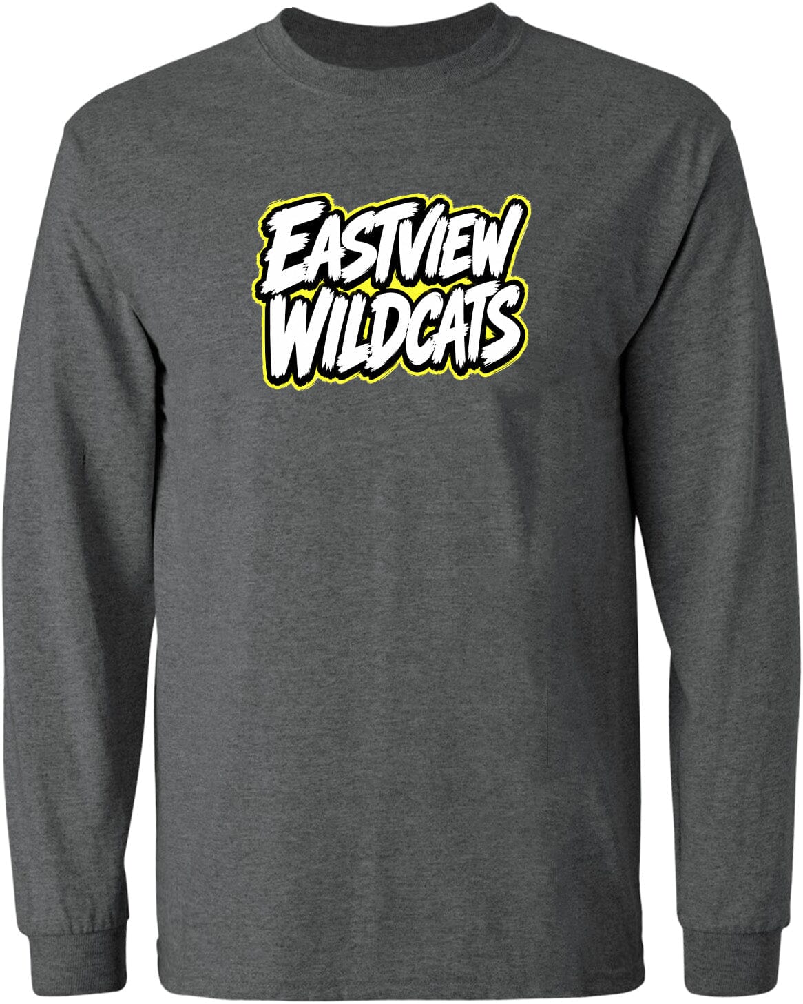 A gray long-sleeved shirt with a bold, yellow text logo that reads "EASTVIEW WILDGATS".