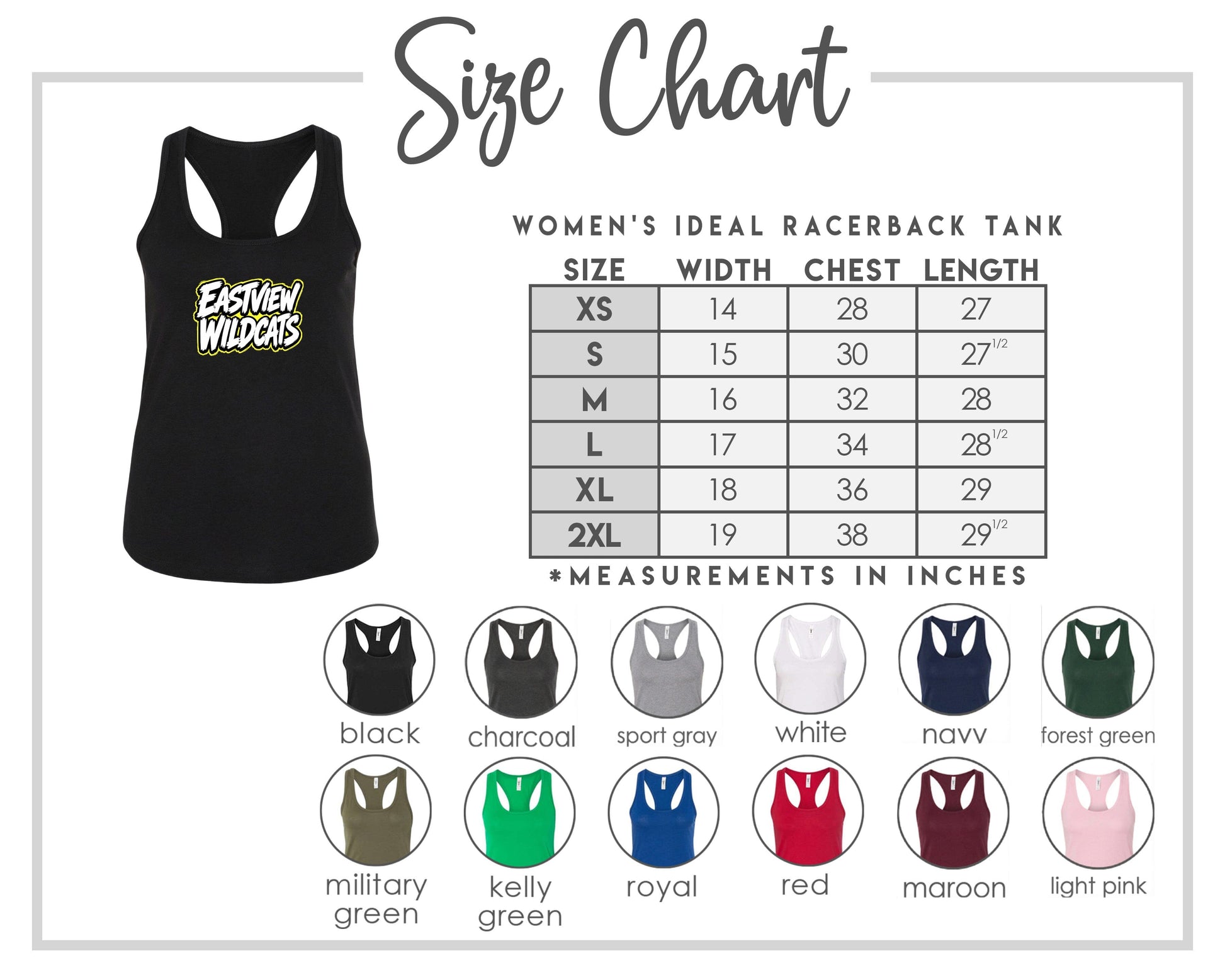 The image is a size chart for a women's ideal racerback tank, including various color options and corresponding chest length measurements.