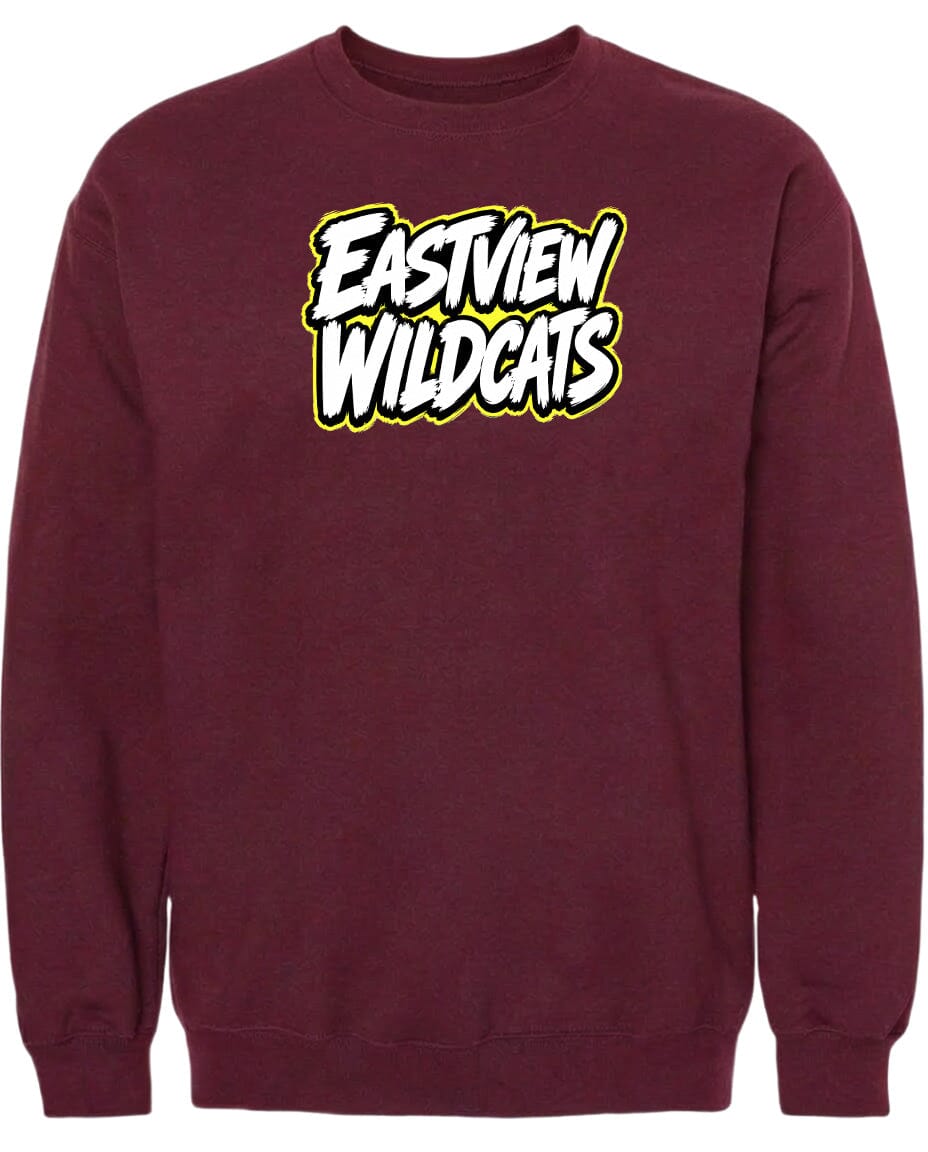 A burgundy-colored sweatshirt with the text "EASTVIEW WILDCATS" printed on it in white and yellow lettering.