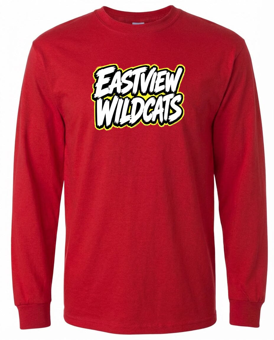 A red long-sleeved t-shirt with the text "EASTVIEW WILDCATS" printed on it in a stylized font.
