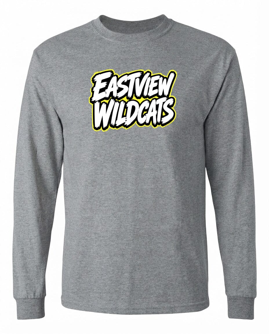 A gray long-sleeved t-shirt with the text "EASTVIEW WILDCATS" printed on it in a stylized font.