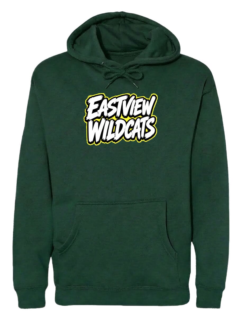 A dark green hoodie with a yellow and white logo that says "Eastview Wildcats".